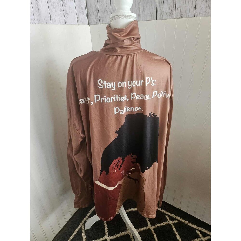Women’s XL “Stay On Your P’s” Graphic Turtleneck Top Brown Long Sleeve Oversized